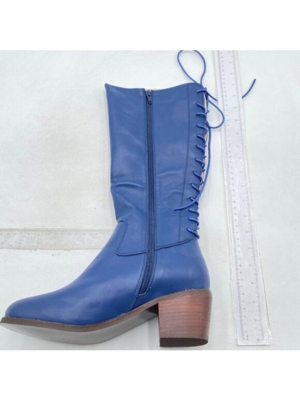 Women Knee High Boots Lace Up Round Toe Long Booties Block Low Heel Blue Boots